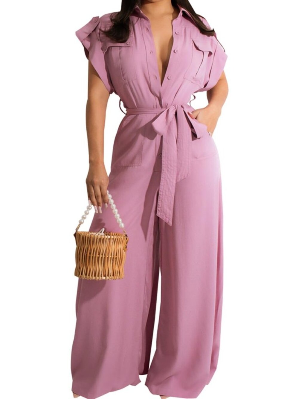 Women's Casual Long Sleeve Round Neck Jumpsuits Work Wide Leg Pants Club Party